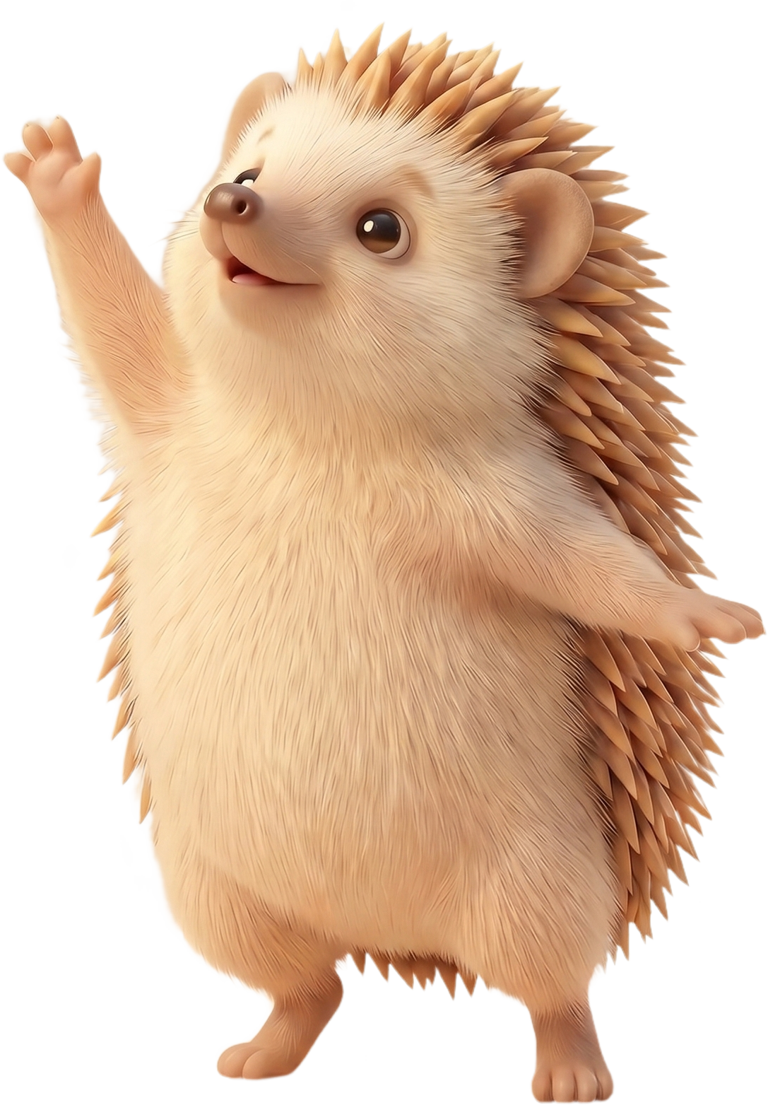 Kippi the hedgehog, standing and reaching up, here with you